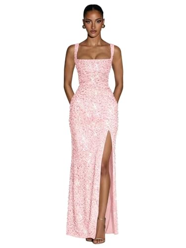 Meicuhap Sequin Mermaid Prom Dress with Slit Square Neck Sparkly Ruched Maxi Long Evening Dress for...