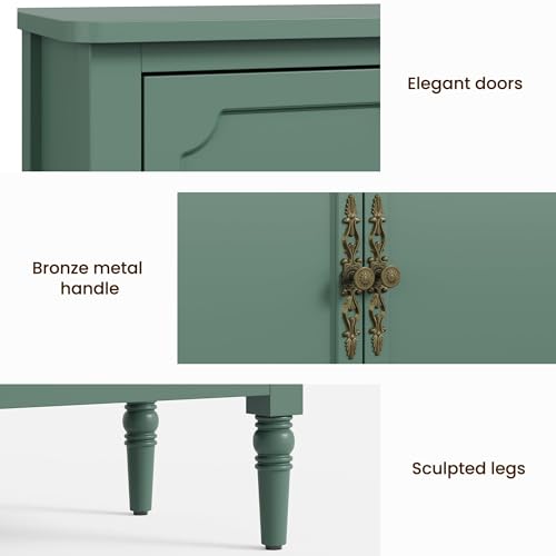 Image of FansaFurn 3-Door Buffet Cabinet with Adjustable Shelves, Accent Sideboard Cabinet with Turned Legs, Wood Pantry Cabinet, Mid-Century Storage Cabinet for Entryway, Living Room, Dining Room, Green