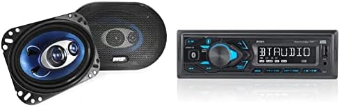 Pyle 4'' x 6'' Three Way Sound Speaker System - Pro Mid Range Triaxial Loud Audio 240 Watt per Pair PL463BL & Jensen MPR210 7 Character LCD Single DIN Car Stereo Receiver | Push to Talk Assistant