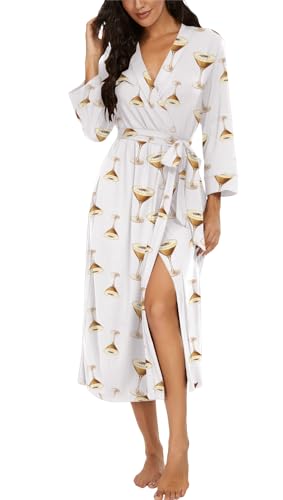 Image of VINTATRE Robes for Women Long Knit Bathrobe XS-4XL | 3 /4 Sleeve Bathrobes with Pockets, Stretchy and Lightweight Fabric, Inner Tie and Fixed Outer Matching Belt, Mid Calf Length