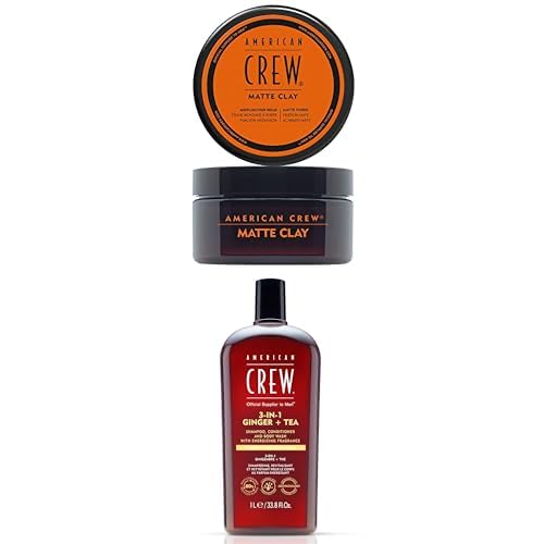 American Crew Rutina Look Relajado - 3 en 1 Té de Jengibre, Champú, Acondicionador y Gel de Ducha 1L + Matte Clay Cera para el Pelo Hombre de Fijación Media - Alta con Acabado Mate, 85 g