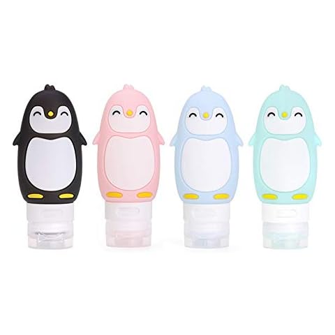 MUUZONING 4 pcs Baby Leak Proof Container Travel Bottles Cute Penguin Set - TSA Carry On Approved, BPA Free - Refillable Squeezable Food-Grade Silicone Bottles for Cosmetics, Shampoo Etc (90ml) Cover