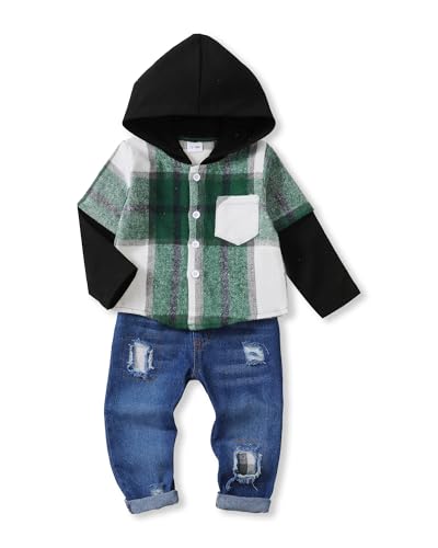 Image of NZRVAWS Toddler Baby Boy Clothes Long Sleeve Green Black Plaid Hoodie Shirt Sweatsuit Infant Denim Ripped Jeans Pants Clothing Outfits Set 12 18 Months