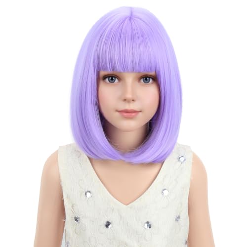 PATTNIUM Kids Purple Wig Child Bob Wig Short Light Purple Wigs for Girls Lavender Purple Bob Hair Cosplay Party Synthetic Rose Net Daily Wear Wigs