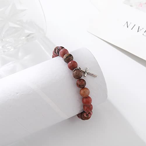 Qwnhoney Gift For Sister Cross Beads Bracelet Red Nature Stone Catholic Religious Faith Jewelry Gifts #TOP4