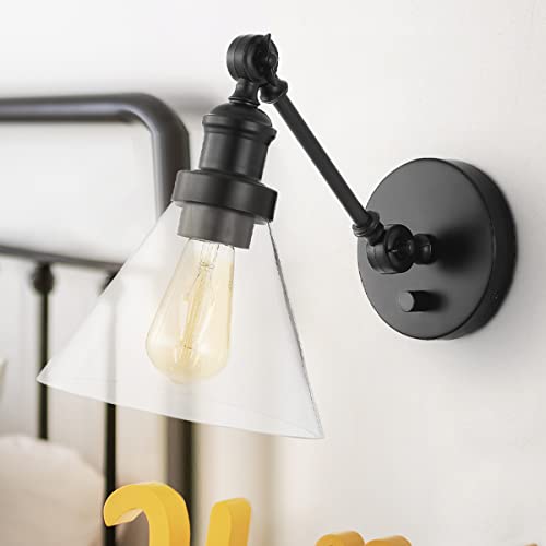 Image of JONATHAN Y 8 inch Oil Rubbed Bronze Adjustable LED Wall Sconce, Plug-in Wall Lamp with Dimmer Switch, Clear Glass Shade for Bedroom Living Room Kitchen, LED Bulb Included JYL7575A