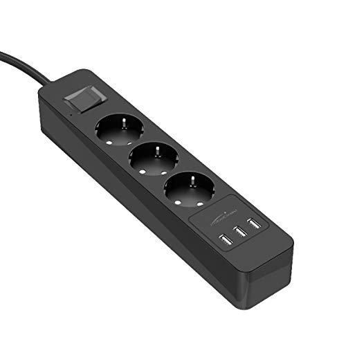3-fach Steckdosenleiste, Mehrfachsteckdose & TÜV-zertifizierte Steckerleiste mit Überspannungsschutz sowie 3-fach USB Ladegerät (max.