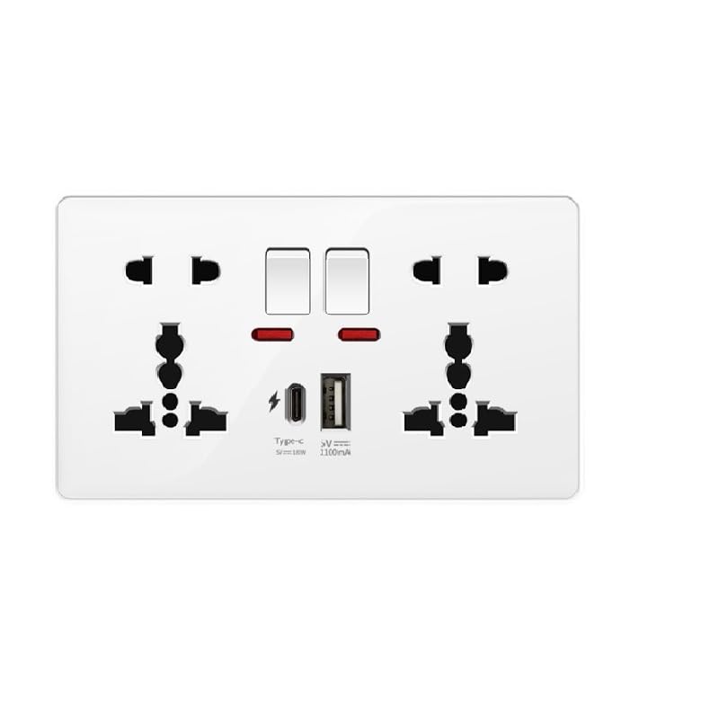 Universal Electrical Flat Plate White Double Switched Fast Charging Power Socket USB C Ports 18W