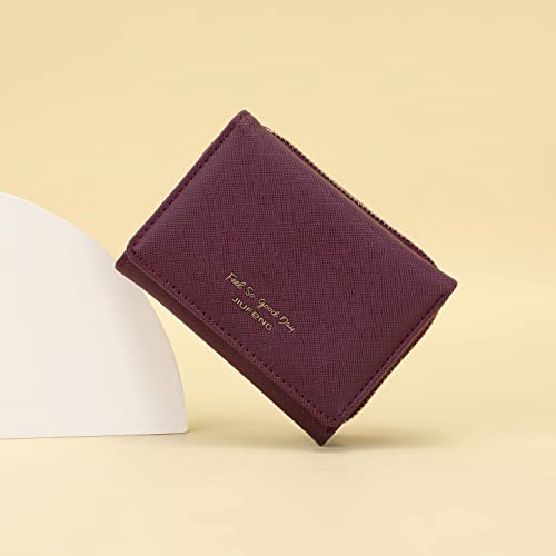 Jiufeng Women's Rfid Blocking Short Wallet Multi Purpose Zipper Folded Purses Coins Pouches Multi-Card Position Card Organizer (Wine Red) #TOP1