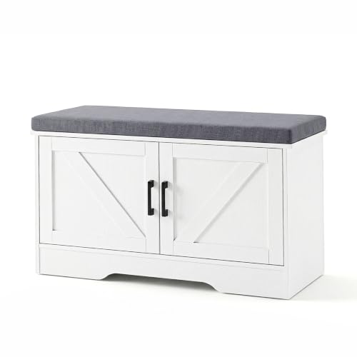 NEWBULIG Shoe Storage Bench for Entryway with Cushion, 27.6IN, White | Shoe Organizer Cabinet with Padded Cushion and Doors, Adjustable Shelves, Shoes Bench for Hallway, Mudroom, Bedroom