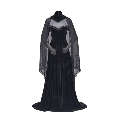 Womens Gothic Victorian Witch Vampire Cosplay Costume Black Vintage Medieval Renaissance Gown with Cloak (S)