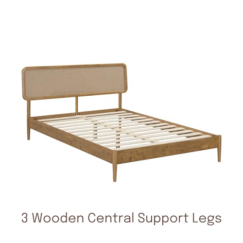 Image of NTC Lupin Wooden Bed Frame with Headboard, Solid Oak and Rubber Wood Foundation with Silent Slats and Wood Central Supports, 1000 Lb Capacity, Queen - Teak Look