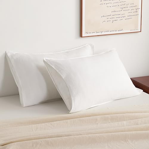 NTBAY French Linen Queen Pillowcases, Set of 2, White
