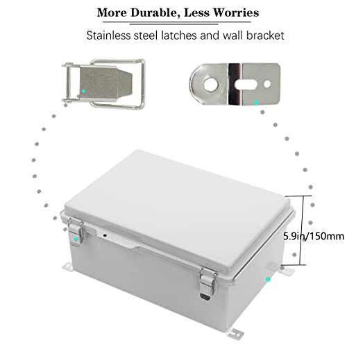 Image of Zulkit Junction Box,IP67 Waterproof Electrical Box Hinged Cover Stainless Steel Buckle Plastic Enclosure for Project w Mounting Plate Wall Bracket and 2 Cable Gland Grey 13.8 inchx9.8 inchx5.9 inch /350x250x150mm