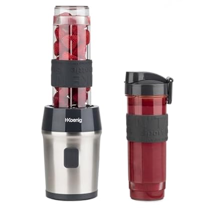 Foto di H.Koenig Mini frullatore SMOO9 Smoothie Maker, 570mL, 300W, 4 lame in acciaio inox, senza BPA, 2 bottiglie portatili da viaggio, frullati e frappé, Grigio