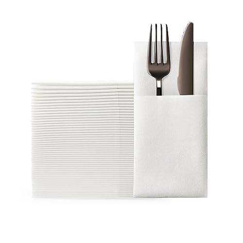 KLEENDOL Disposable Dinner Napkins with Built-in Flatware Pocket, Cloth Like Napkins,Disposbale Linen Feel White Napkin for Wedding Party,Prefolded for Silverware,50 Counts