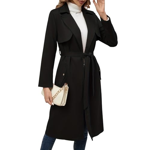OBEEII Damen Trenchcoat Lange Mantel Mode Herbst Winter Faux Wildleder Jacke Cardigan Windbreaker Mantel Trenchcoat mit Taschen Schwarz S