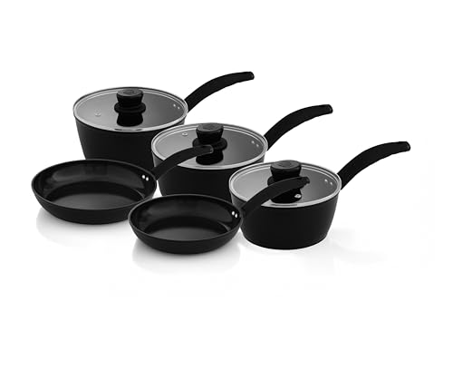 Swan Stealth 5 Piece Cookware Set with Superior Ceramic Coating, 18/20/22cm Saucepans with Tempered Glass Lids, 20/24cm Frying Pans, Induction Compatible, Black