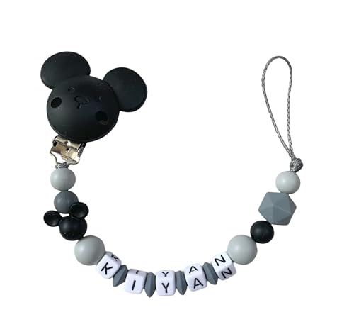 Personalisierte Nuckelkette, Junge, Baby Geschenk Taufe Geburt, Maus Design, Grau und Schwarz, mit Buchstaben, mit Namen, Namenskette
