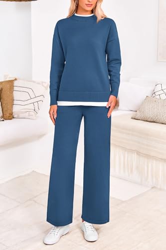 PRETTYGARDEN Women's Winter Two Piece Matching Sweater Lounge Sets Knit Long Sleeve Pullover Tops Wide Leg Pants Tracksuits3