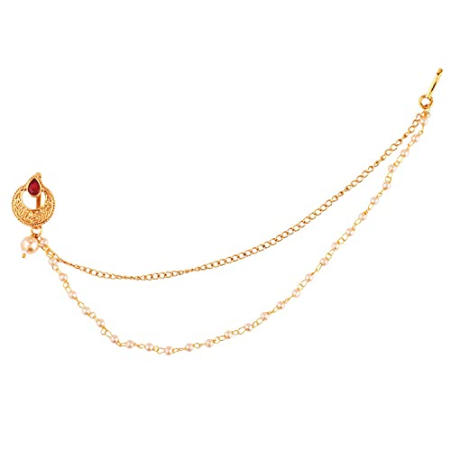 Efulgenz Indian Jewelry Kundan Crystal Nose Ring Hoop Pin Stud Fake Septum Ring with Chain Nose to Ear Chain Non Piercing Body Jewelry, Red