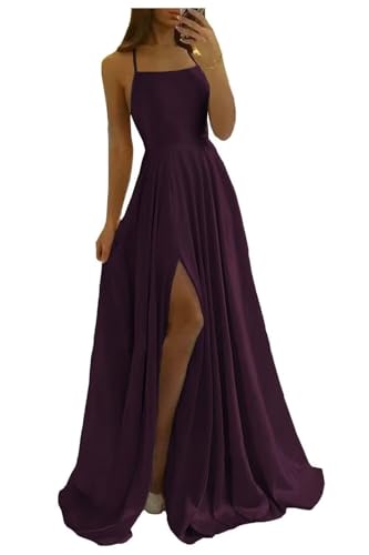 Image of Women Long Formal Dress Solid Satin Spaghetti Straps A Line Evening Cocktail Dresses with Slit