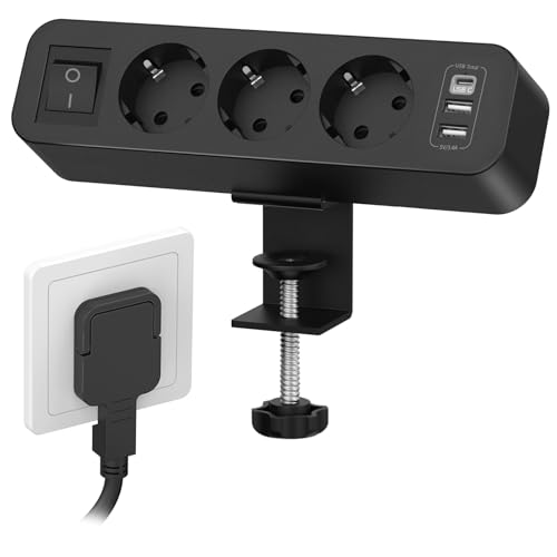 Tischsteckdose mit USB C, 3 Fach Mehrfachsteckdose Flachstecker mit Schalter, Steckdosenleiste Schreibtisch mit 3M Kabel für Zuhause Büro