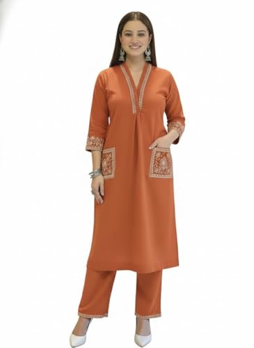 Image of SHEINZY Women's Embroidered Kurta Set with Pants | 3 /4 Sleeve V-Neck Kurti with Floral Thread Work | Ethnic Indian Wear for Casual & Festive Occasions | Comfortable Co-ord