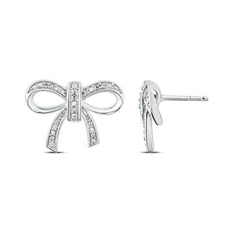 Diamond Ribbon Bow Earrings for Women, Small Bowknot Stud Earrings with Diamond Accents in Yellow Gold-Plated, Rose Gold-Plated or 925 Sterling Silver, Metal, Diamond Cover
