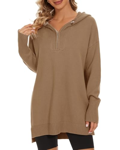 Image of Women's Hooded Sweater Loose Half Zip Drawstring Pullover Sweatshirt Top Casual Long Sleeve Side Slit Knit Hoodie