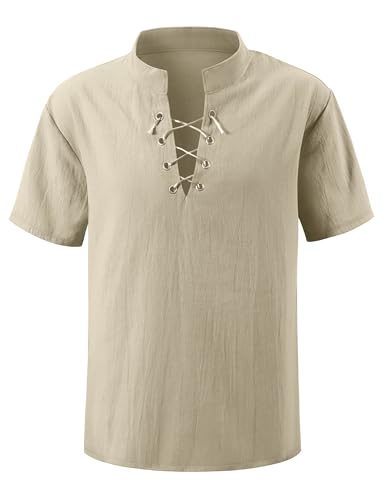 Kids Medieval Viking Pirate Renaissance Retro Costume Shirt Short Sleeves for Boys Halloween Cosplay 3-4T Light Beige