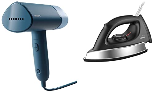 Image of Philips Handheld Garment Steamer STH3000 /20 - Compact & Foldable, Convenient Vertical Steaming, 1000 Watt Quick Heat Up (Reno Blue), Small & Philips GC181 Heavy Weight 1000-Watt Dry Iron