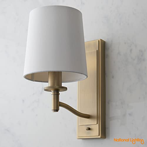 Rowan Decorative Matt Antique Brass E14 LED Compatible Wall Light with a White Fabric Shade - Image 6