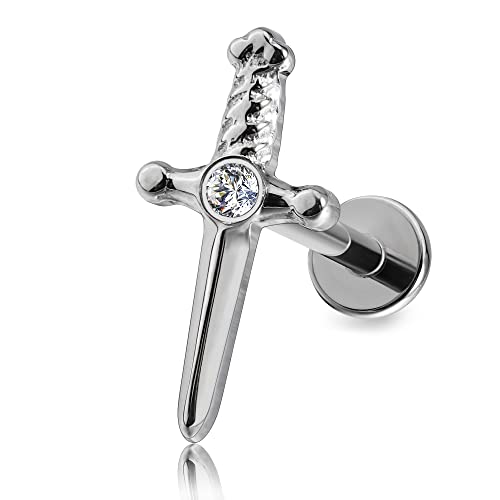 FINE4U Titanium Sword Piercing Jewelry for Conch Tragus Helix 16G 8mm - ASTM F136 Titanium Cartilage Earring Implant Grade Hypoallergenic Flatback Stud Labret Body Jewelry