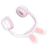 POENVFPO Kaninchenohr-Kopfhörer, Niedliches Kabelloses Bluetooth 5.0-Headset für für Online-Lernen mit LED-Licht (Weiß Rosa)