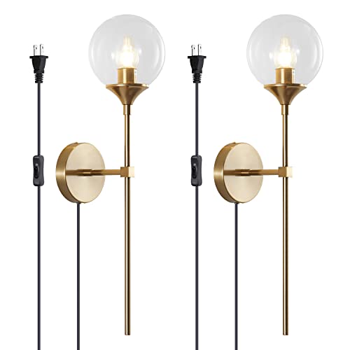 Image of BOKT Modern Long Globe Plug in Wall Sconce Lighting Set of 2 Mid Century Brass Gold Wall Sconce Light Plug in Set of Two Clear Glass Bathroom Bedroom Wall Lamp (Clear-Plug in)