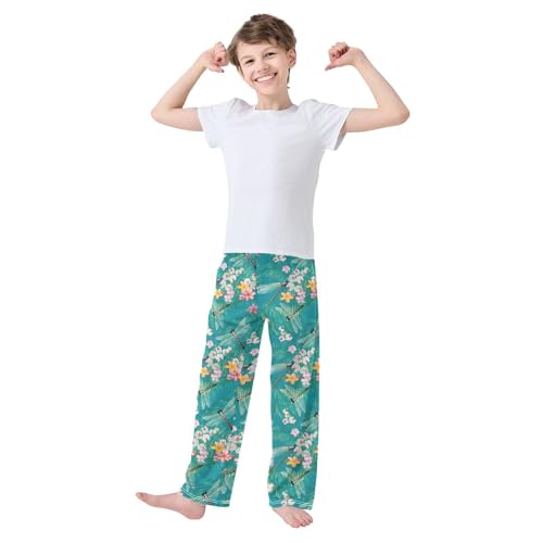 ZZXXB Dragonfly Tropical Flowers Boys Long Pants Soft Trousers Elastic Waist Kids Lounge Bottoms with Pockets S-XL2