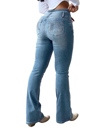 Flamingals Butt Lifting Jeans for Women Trendy High Waist Tummy Control Jeans Bootcut Flare Pants Mid Blue L