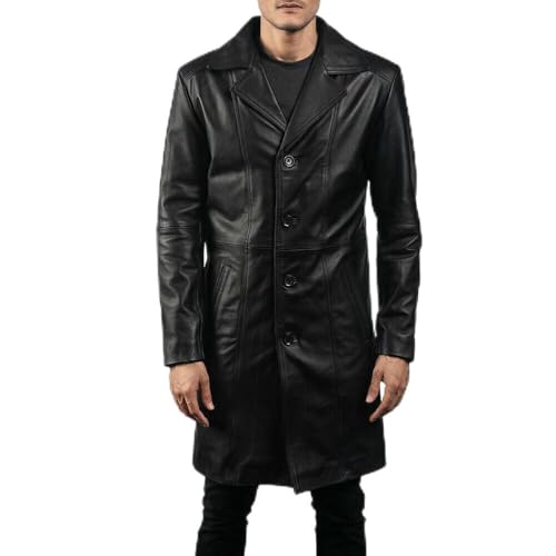 Manteau long d'hiver en cuir véritable noir pour homme coupe ajustée M