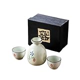 MIRUIKE White Traditional Japanese Sake Set, 1 Tokkuri Bottle & 2 Ochoko Cups, Sake Cups, Spring Blossoms Ceramic Saki Cup Set Black (White)