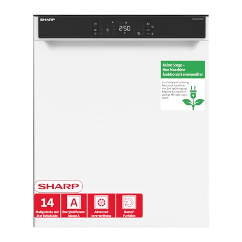 Sharp QW-NA3YU42AW-DE Geschirrspüler Unterbau 60 cm, 14 Maßgedecke, A, 42 dB, Turbo-Trocknung, QuickWash 14’, SteamWash, AutoDoor, EcoBox, Edelstahl