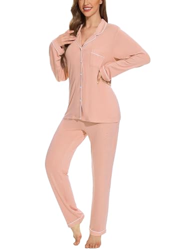 Image of Women's Pajama Tops and Pajama Pants Women Long Sleeve Button Sleepwear PJ Set, Nude, XXL