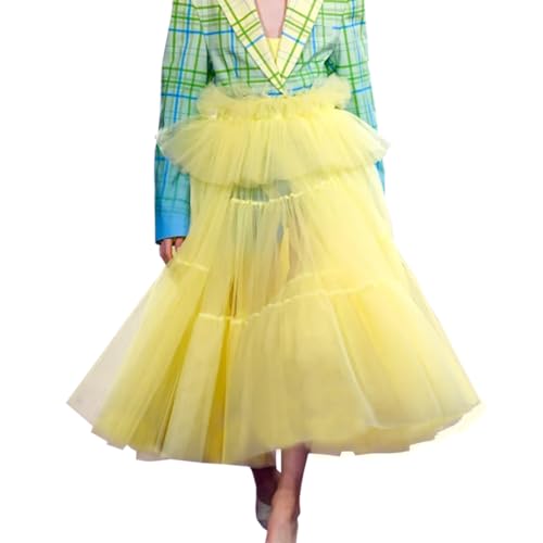 WDPL Women's Yellow A-line Tulle Ruffles Tiered Ankle Length See Thru Skirt