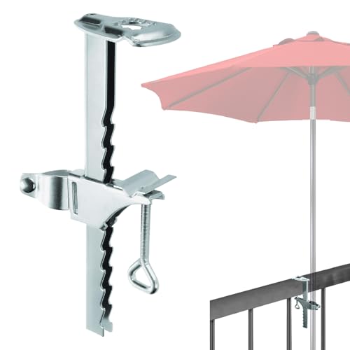 Parasol Holder Balcony, Parasol Holder, Balcony Railing, Extended Clip, Galvanized Steel, Parasol Stand with Hanging Hook, Clamping Range 0-20 cm, for Patios, Parasol, Garden Fence