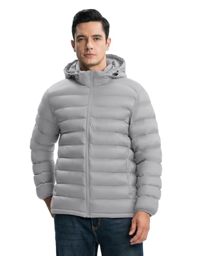 Image of TBMPOY Men's Lightweight Puffer Jackets Detachable Hood Water-Resistant Casual Winter Coat Hooded Insulated for Travel Ski