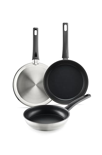 BRA Antistick Inox | Set 3 sartenes 18/22/26 cm, aluminio forjado reciclado con antiadherente de titanio y superficie MetalTec, aptas para todo tipo de cocinas, incluida inducción