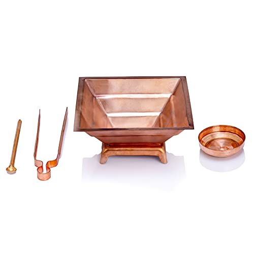 Image of Copper Havan Kund Set for Agnihotra, Havan &Daily Puja | Includes Copper kund, Stand, Tongs & Copper Bowl | Handmade Vedic Ritual kit
