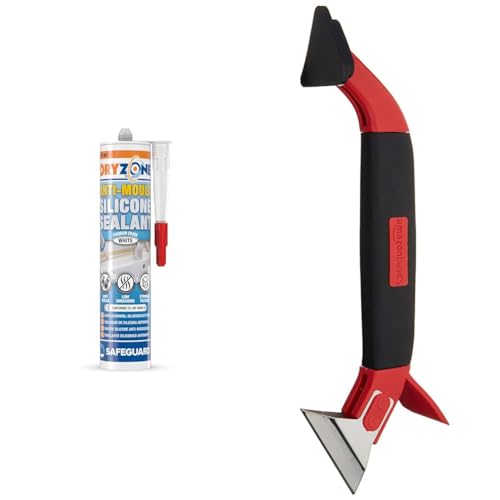 Dryzone Anti-Mould Silicone Sealant (310 ml White) Premium Sanitary-Grade, Low VOC Sealant for Bathroom and Kitchen & Amazon Basics 3-IN-1 Caulk Tool for Removal and Application