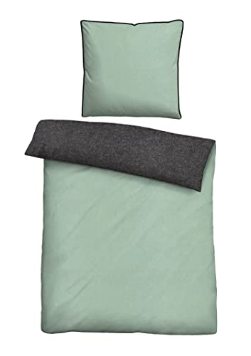 biberna 0840500 Wende-Bettwäsche Garnitur mit Kopfkissenbezug Melange-Flanell 1x 200x200 cm + 2x 80x80 cm, mint
