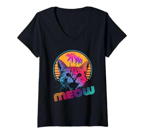 Mujer Meow Cat Outrun Retro 80s Vintage Funny Cats Lover Camiseta Cuello V
